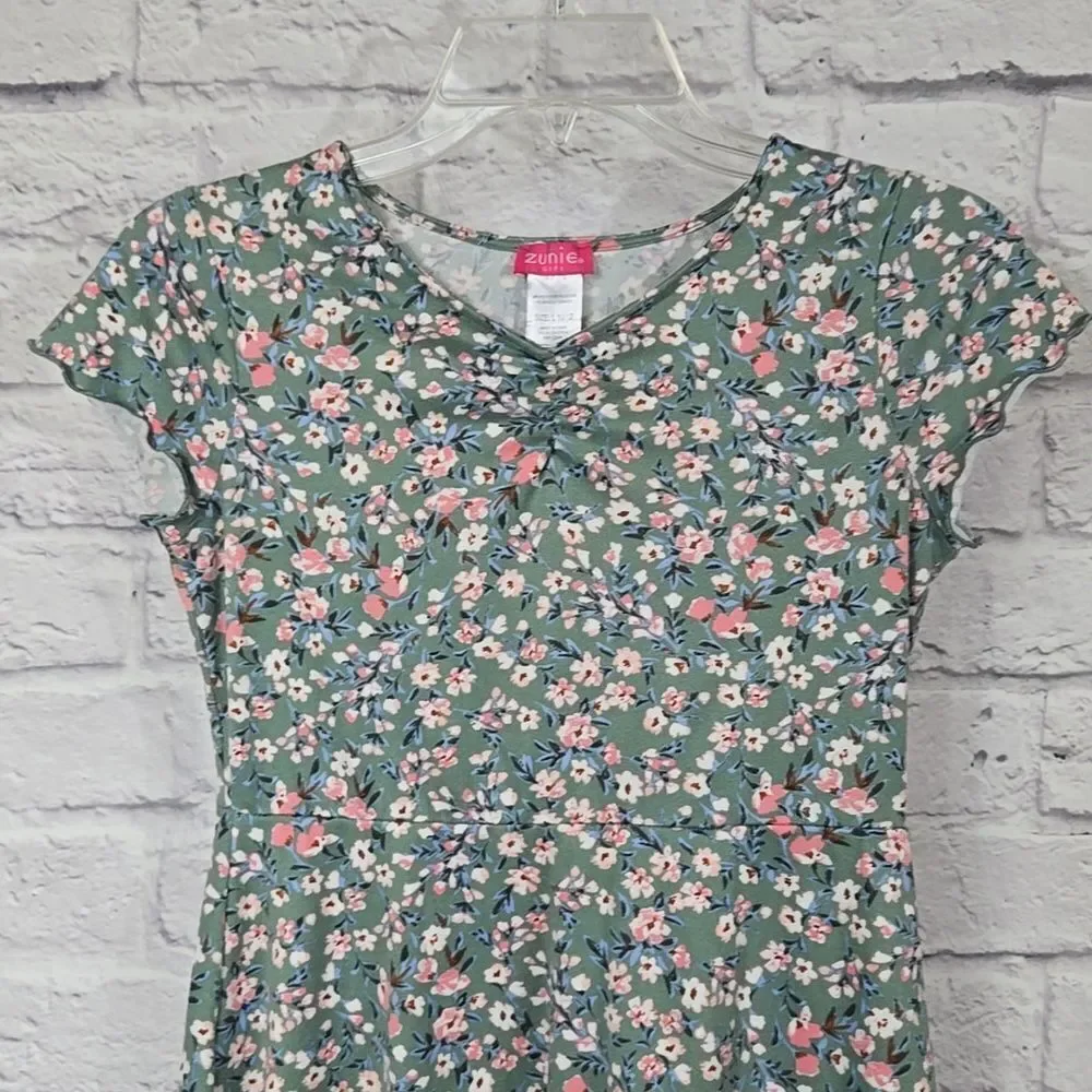 Zunie Girl L 10/12 Sage Floral Jersey Knit Short Sleeve Skater Dress Fit & Flare